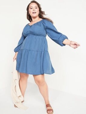 Old Navy Chambray Tiered Babydoll Dress Balloon Sleeve Blue Smocked Back 2X